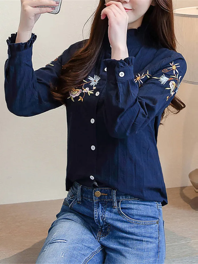 Vintage Floral Embroidered Cotton Button Up Shirt for Women Autumn Korean Elegant Casual Long Sleeve Slim Office Lady Blouse Top