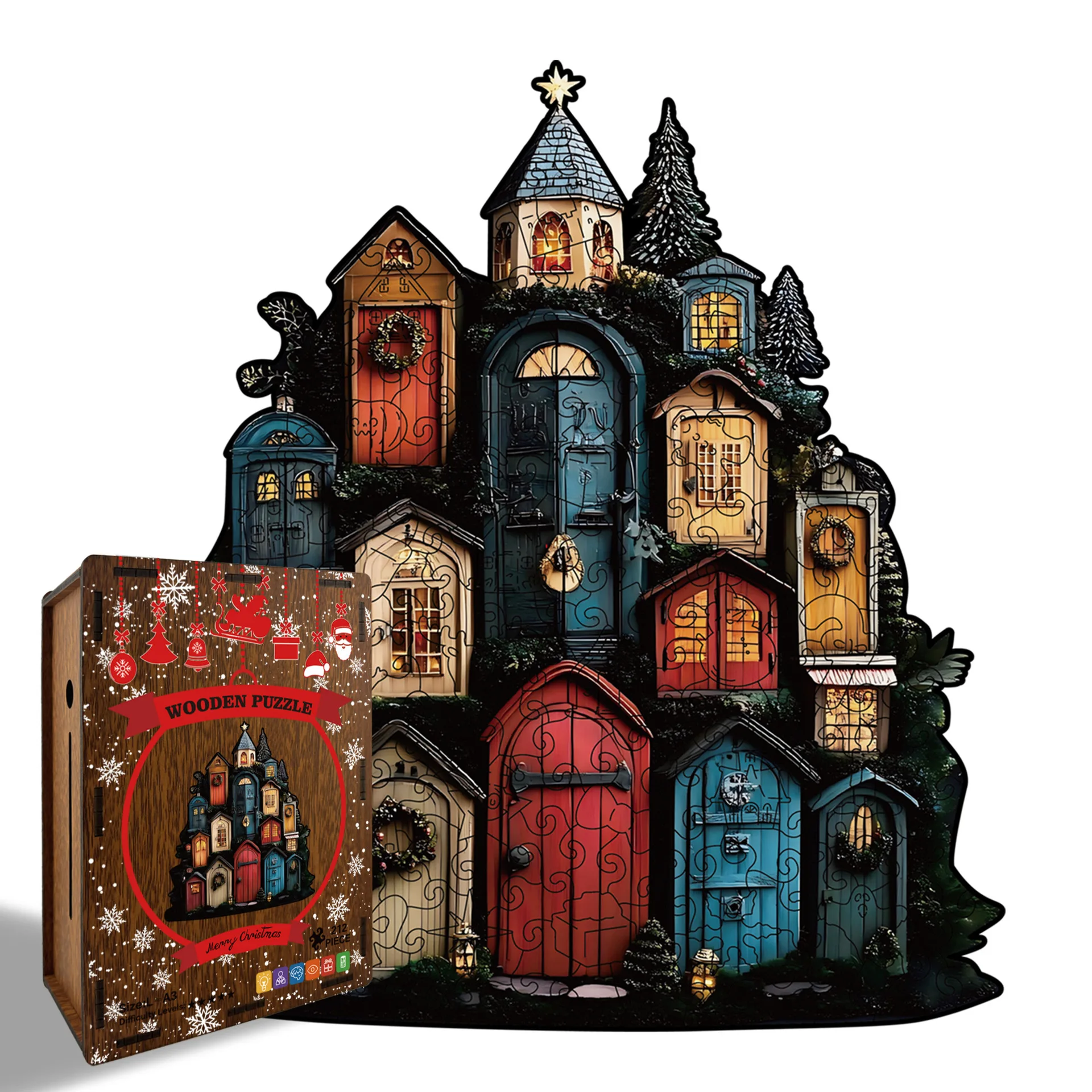 212PCS Porta degli elfi di Natale Pezzi di puzzle Puzzle di legno irregolare Gioco antistress Compleanno Natale Salvadanaio Regali