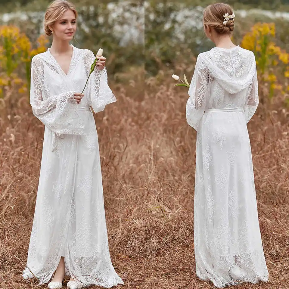 

Великолепный женский халат с кружевной аппликацией и длинным рукавом, свадебный халат, платья для беременных, ночная рубашка по индивидуальному заказу