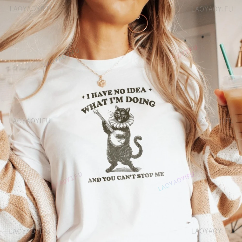 

Я не идея, что я делаю Топы Футболка The Cute Cat Plays A Musical Instrument Футболка с принтом Топы Женщина Мужчины Хлопковая футболка
