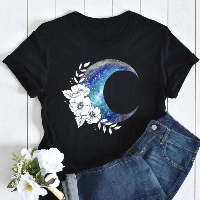 Maycaur Fashion Vintage Moon with Floral Print Women T Shirt Casual Short Sleeves Female Top Tshirts Cartoon Graphic Tee T-Shirt