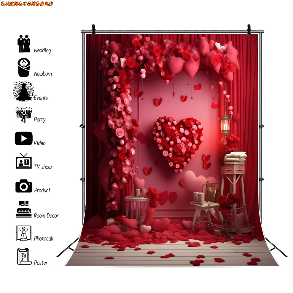 Valentijnsdag Fotografie Achtergrond Rode Roos Bloemen Liefde Hart Interieur Kamer Verjaardag Bruiloft Photocall Achtergrond Fotostudio