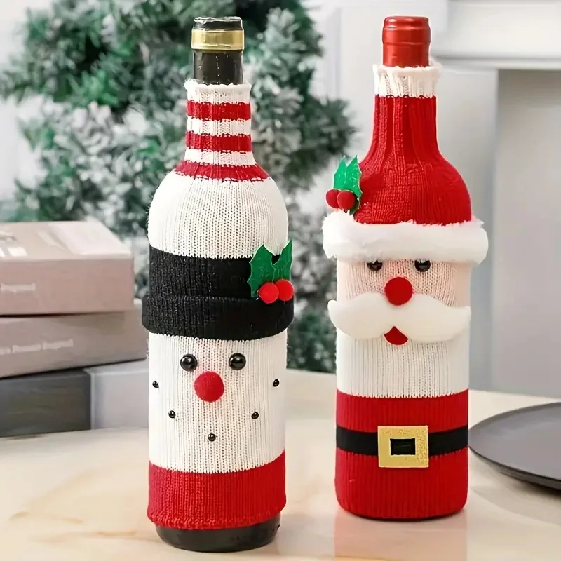 LUSQI 2Pcs Christmas Wine Bottle Cover Santa Claus Snowman Knitted Wine Bottle Sweater Christmas Dinner Party Table Decorations