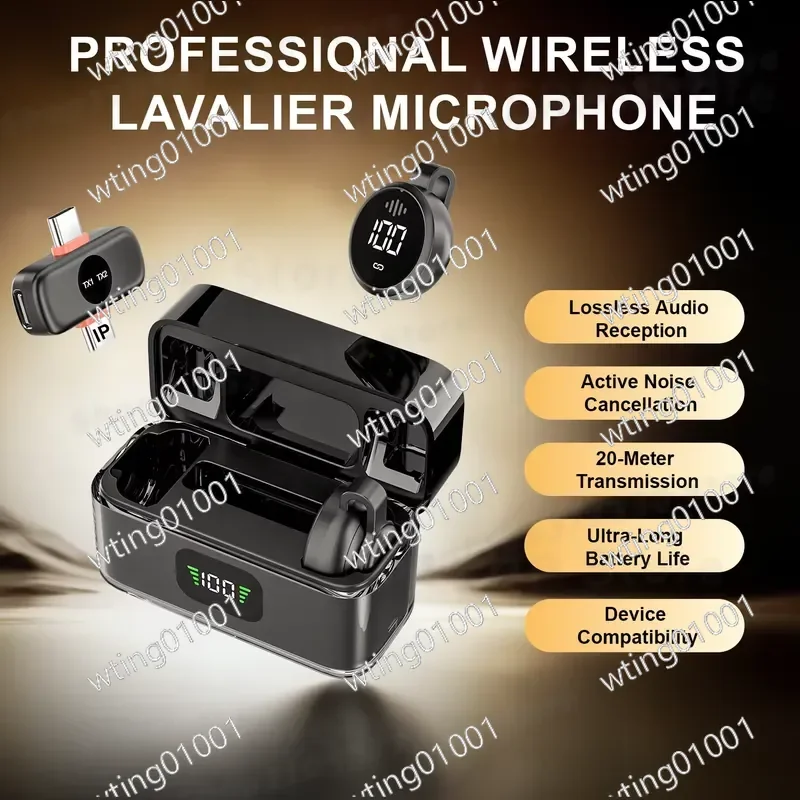 Mini Wireless Lavalier Mic with Charging Case LED Display for Video Recording