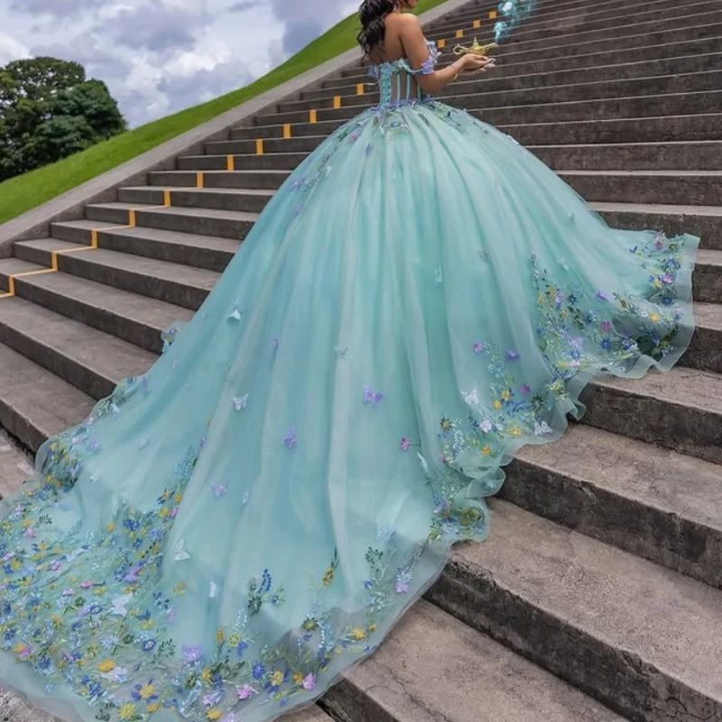 Vestido De quinceañera verde menta, calcomanía De flores con purpurina, cola larga, joyería De perlas, lazo De encaje, Vestidos De 15 quinceañera ﻿ Personaliza