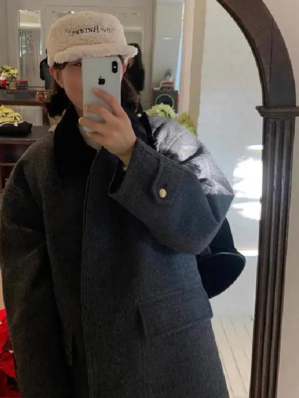 One after Another! Winter South korea  Retro Simple Commuter Contrast Color Lapel Mid-Length Fleece Duffle Coat Outer...