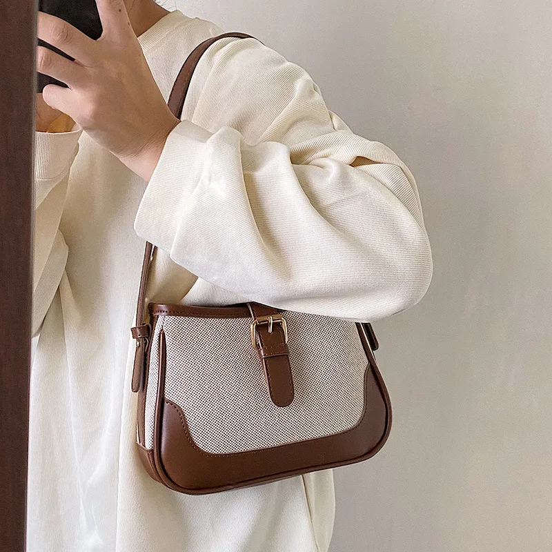 Underarm Bag Women\'s Spring/Summer 2023 New PU Canvas Retro Single Shoulder Bag Horizontal Fashion Square Crossbody Bag