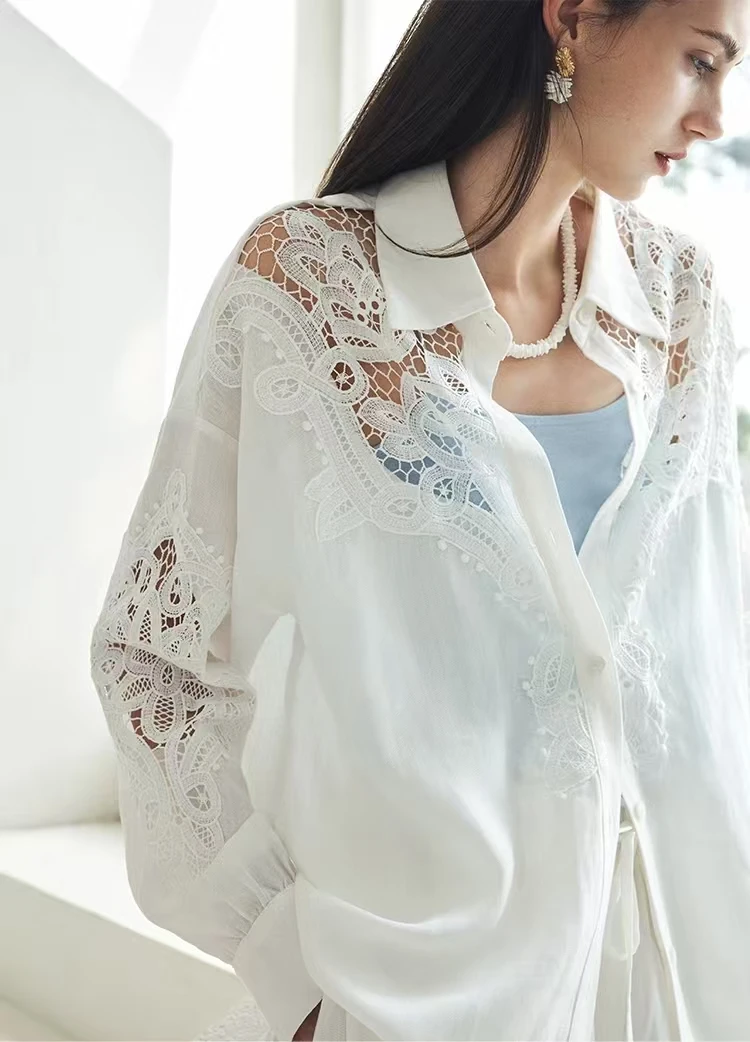 Pailletten Aushöhlen Stickerei 100% Baumwolle Shirts & Blusen frauen Mid-länge Lose Weiß Party Hemd roupas feminina camisas