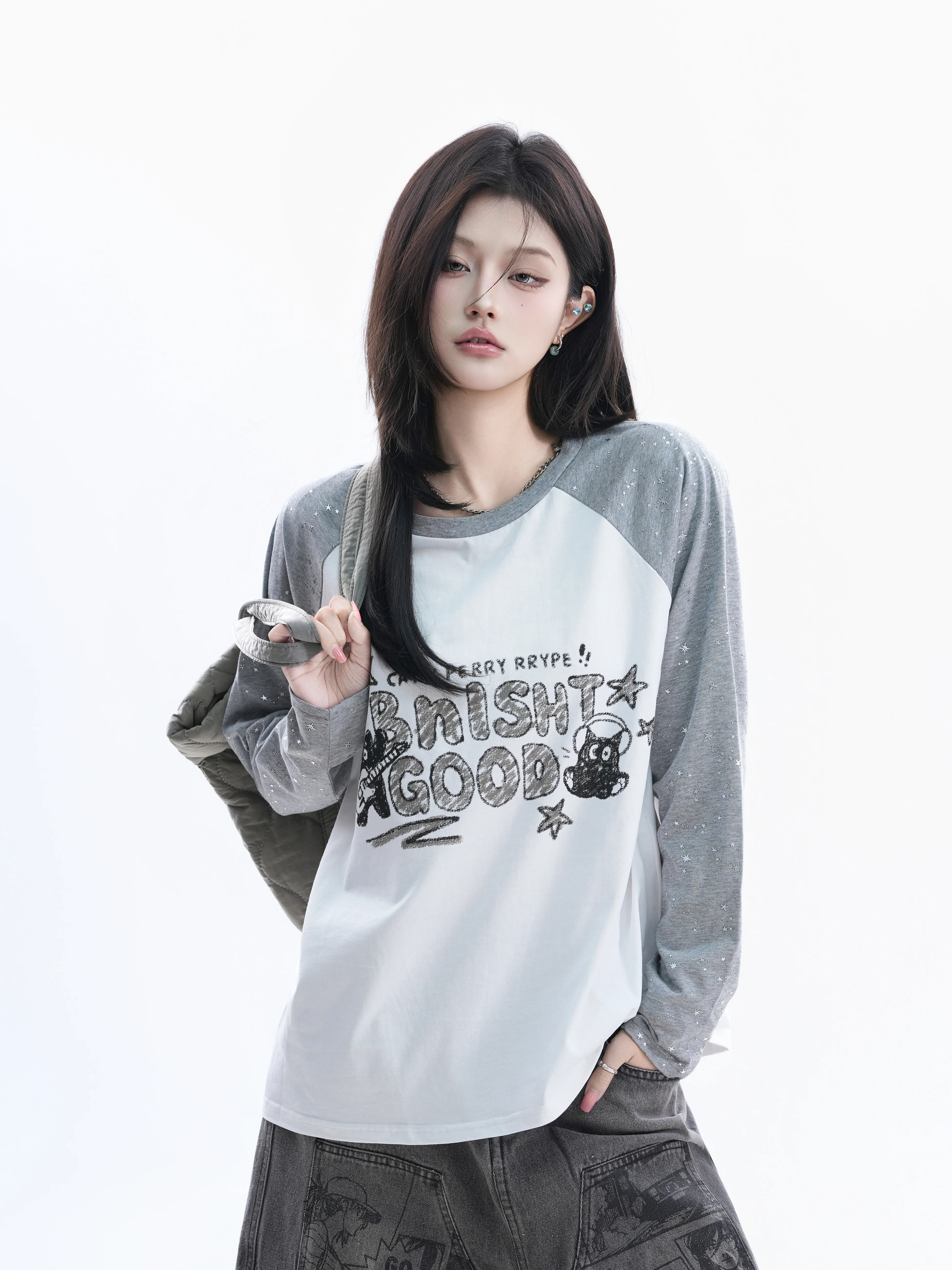 

American Retro Long Sleeve T-Shirt Women Slim Cartoon Print Small Sequin Shoulder Insertion Fashionable Cotton round Neck Top