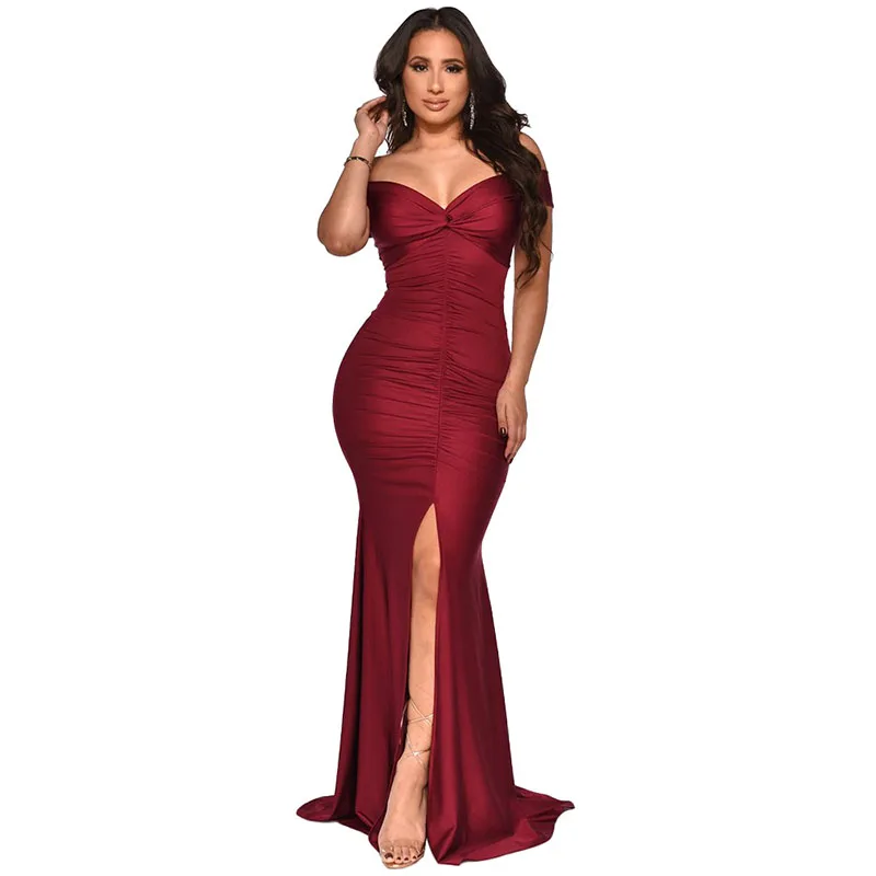 Nieuwe Zeemeermin Maxi Jurk Voor Vrouwen Feest Prom Elegante Dames Sexy Off Shoulder Diepe V-Hals Lange Slanke Split Jurken Zwart Wit Xxl