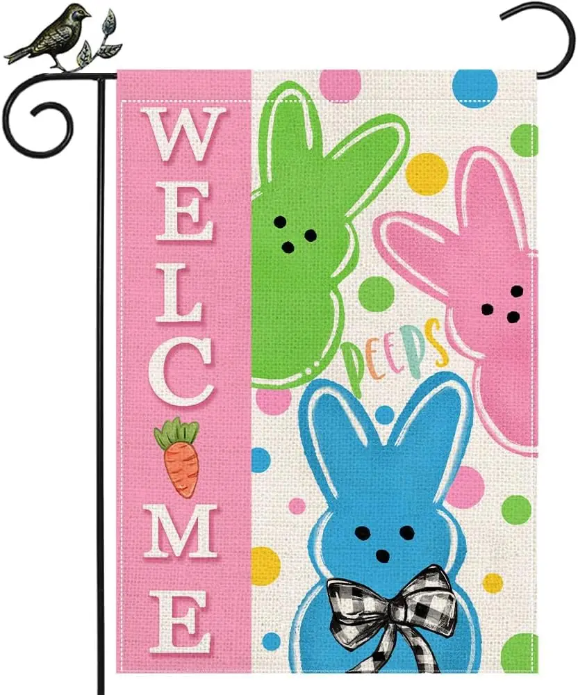 GEEORY Easter Bunny Peeps Garden Flag 12x18 - Double Sided Burlap Farmhouse Welcome Flag for Spring Yard Lawn Outdoor Decor WWP