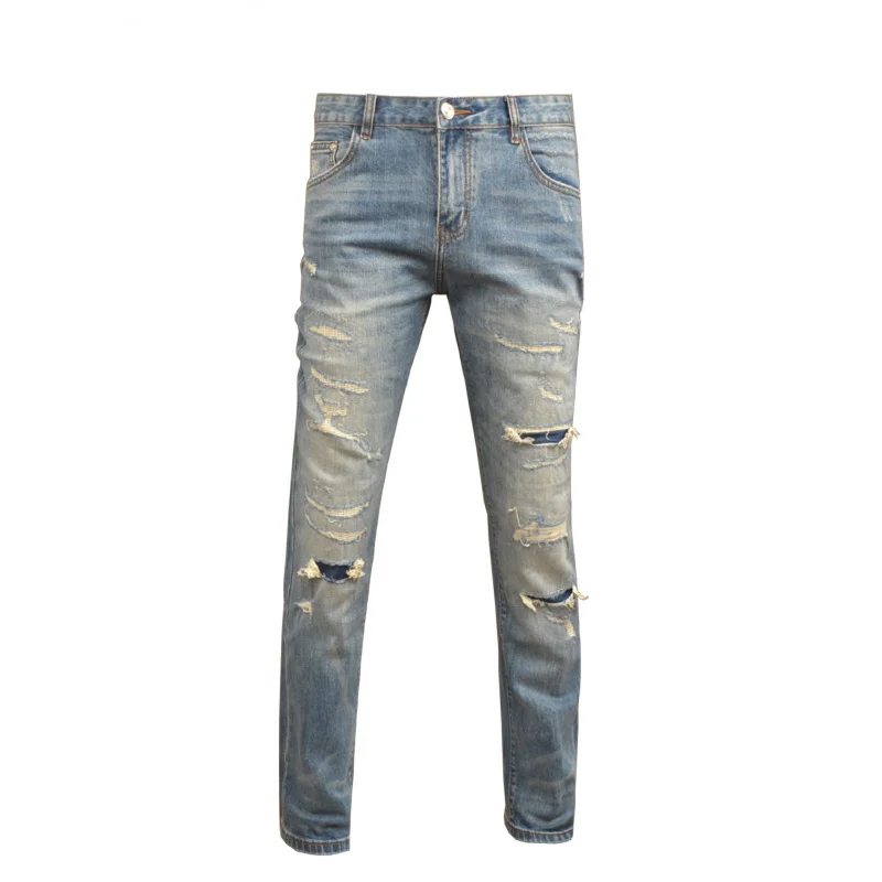2025 Модные синие рваные джинсы в стиле ретро, мужские эластичные модные уличные классические брюки с маленькими штанинами