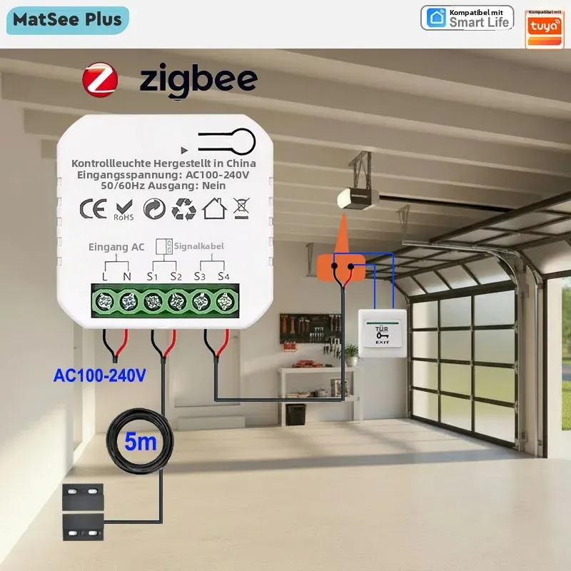 Smart Life ZigBee Garagentor-Controller Schiebetoröffner Trockenkontakt App-Fernbedienung mit Tuya, Sprachsteuerung mit Alexa, Google Home – Benötigt Tuya ZigBee Gateway