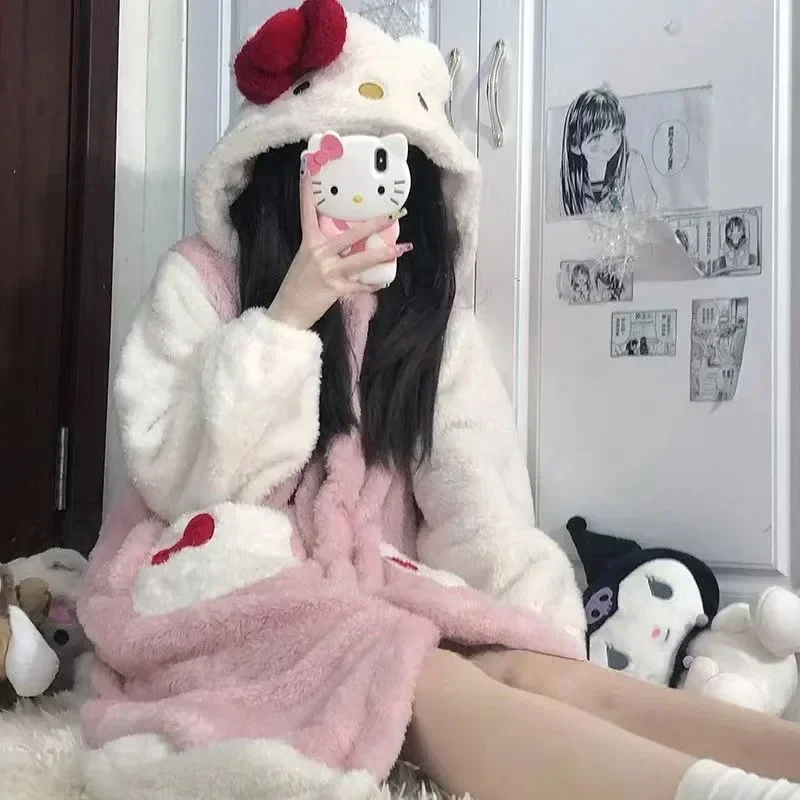 Saniris Hello Kittys Anime Kawaii Cute Thick Coral Fleece pigiama donna Winter flanella pigiama può essere indossato regali di natale