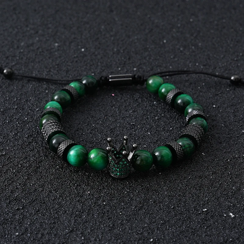 Luxury Natural Tiger Stone Beads Crown Charms Man Bracelet Women Hand Stainless Steel Jewelry Gift