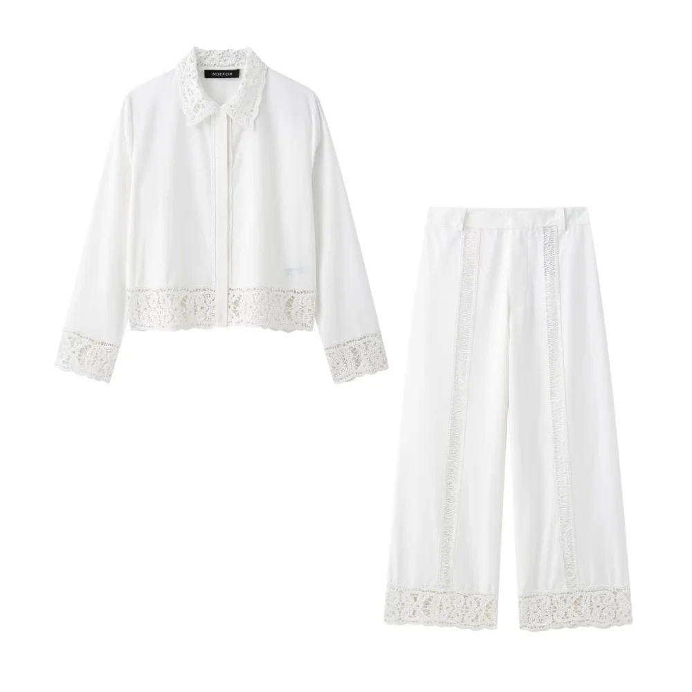 

2025 BM&MD&ZA Women's Casual Suit White Jacket with Lace Trim and Matching Wide Leg Pants for a Delicate Look