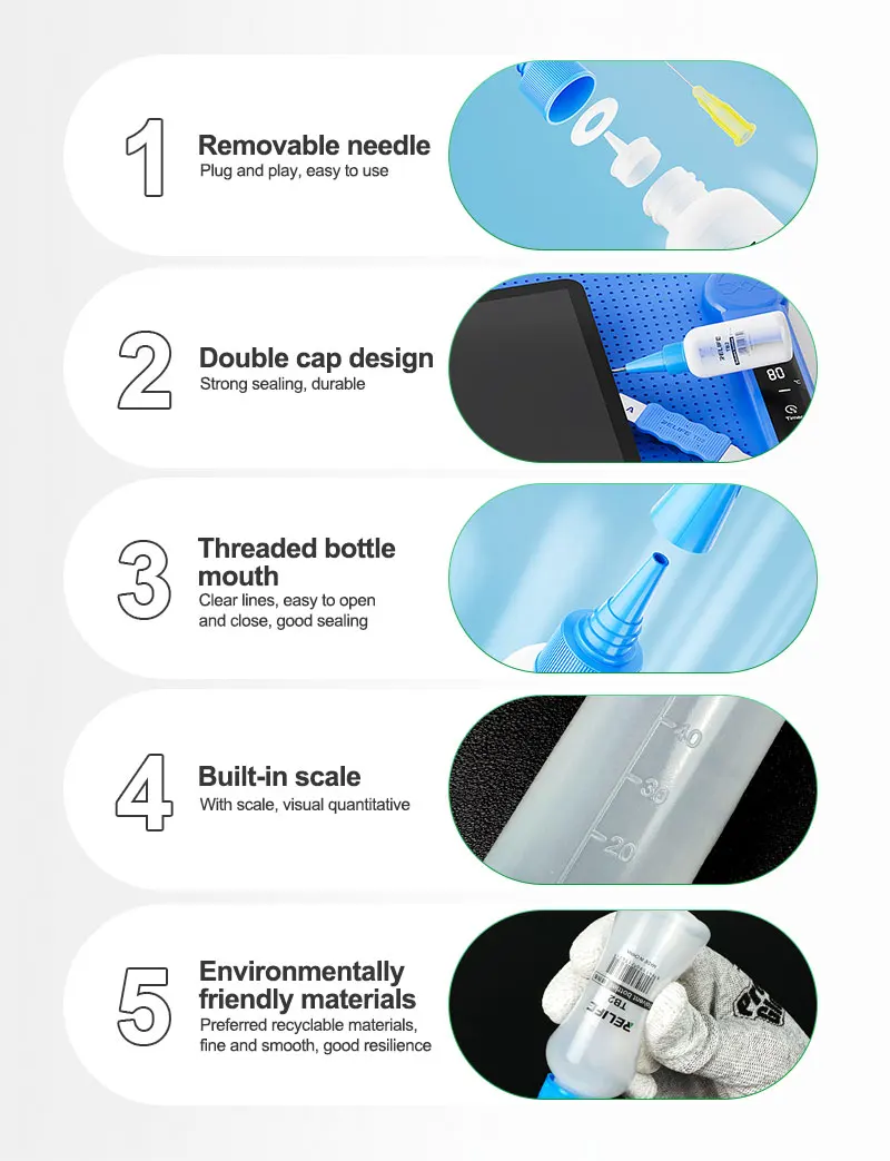 Garrafa solvente relife tb2 com tubo de agulha removível, design à prova de vazamento, controle de precisão, antiestático para telefones, ferramenta de reparo pcb