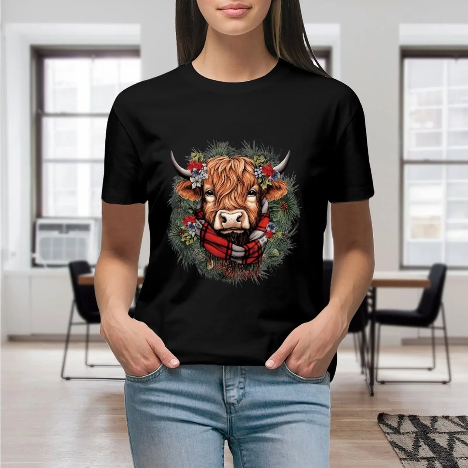 Highland Cow Wearing Buffalo Red Plaid Scarf Lovely Cow Farm Animal Lover Graphic Shirt Casual Short Sleeved Female Tee T-Shirt