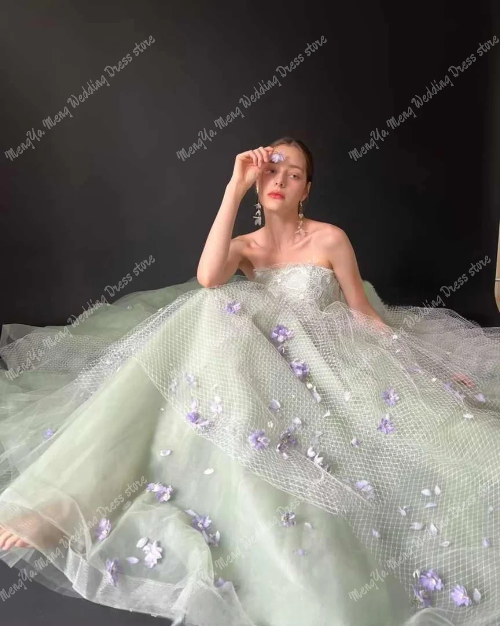 우아한 라이트 그린 공주 웨딩 드레스 라인 Photoshoot 아플리케 반짝 이는 Tulle 신부 가운 맞춤형 Vestidos Novias Boda