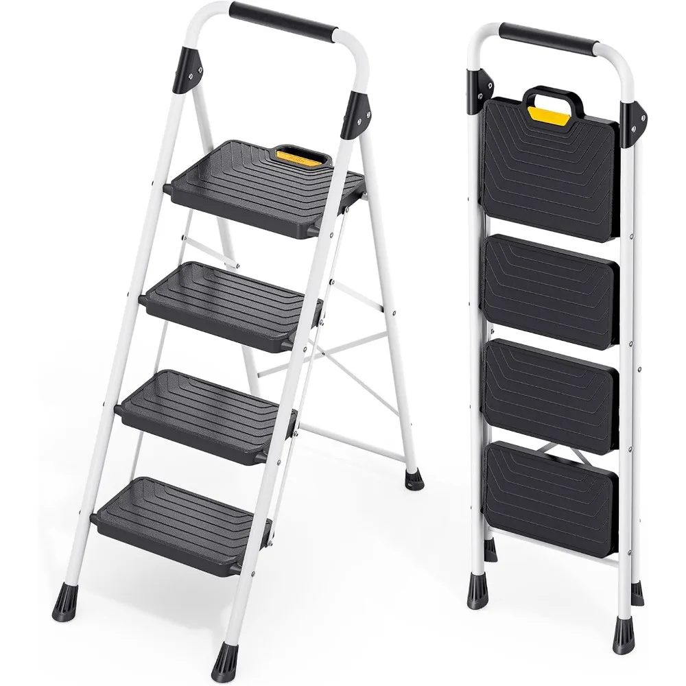 

Sturdy Steel 4 Step Ladder, Folding Step Stool with Handrail, Anti-Slip Wide Pedals, Safe-Lock Design, Pass 800lbs Load Testing