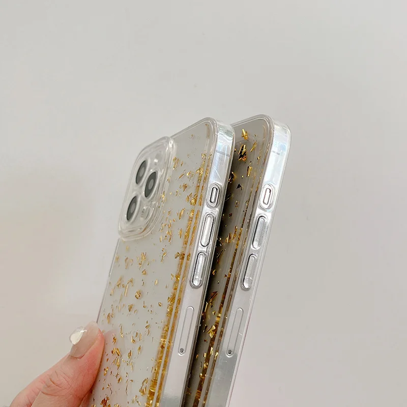 Ottwn Gold Foil Clear Phone Case For iPhone 15 13 12 11 14 Pro Max X XR XS Max 7 8 14 Plus Camera Protection Soft TPU Back Cover