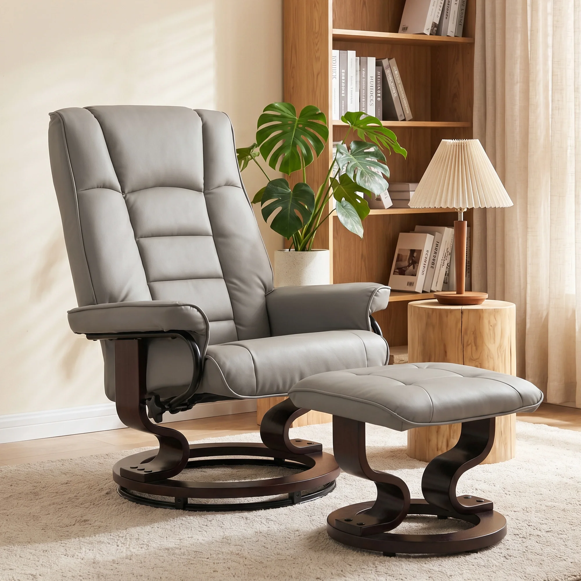HOMCOM Faux Leather Reclining Chair, Swivel Ottoman Chair, Recliner with Ottoman with Tufted Back and Wood Frame for Living Room, Gray