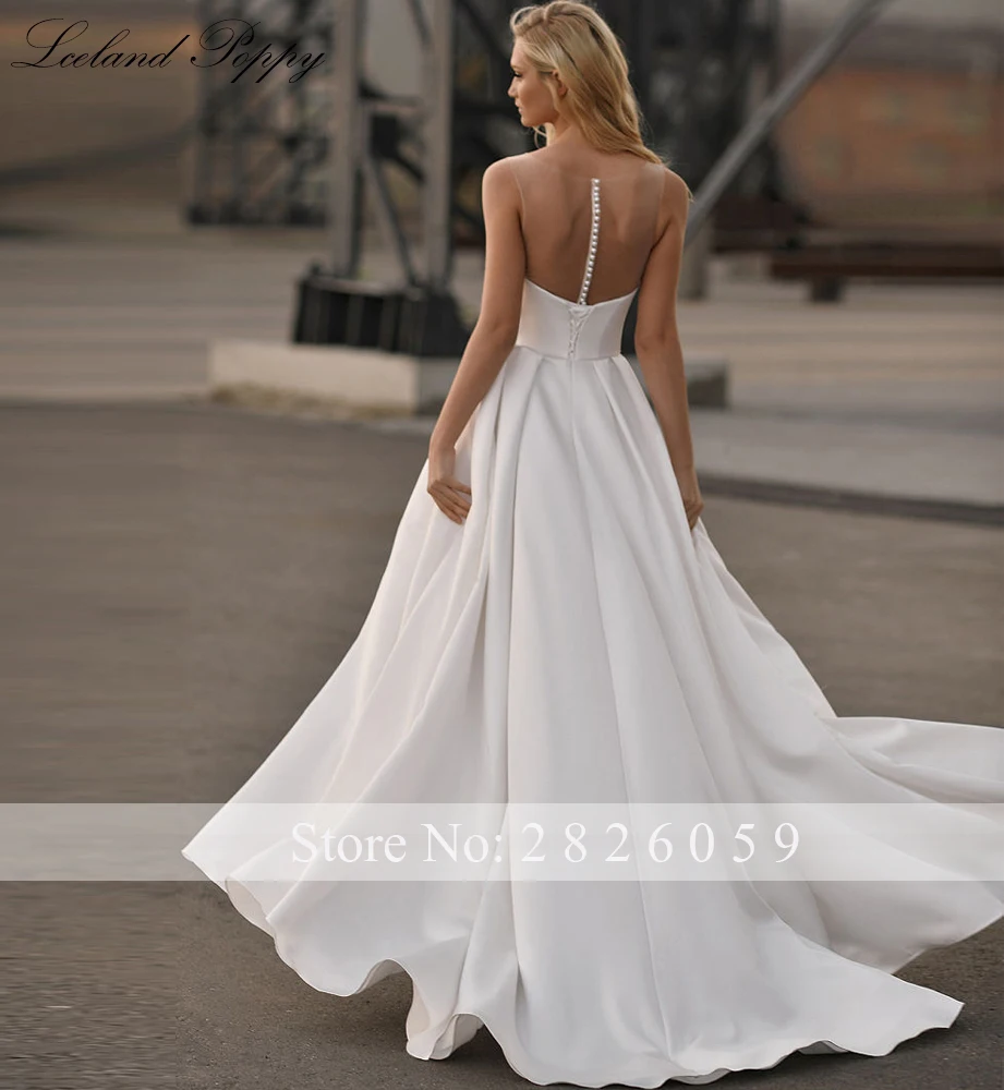Lceland Poppy Customized A Line Sleeveless Pleated Satin Wedding Dresses Floor Length Crysal Beaded Bridal Gowns with High Slit