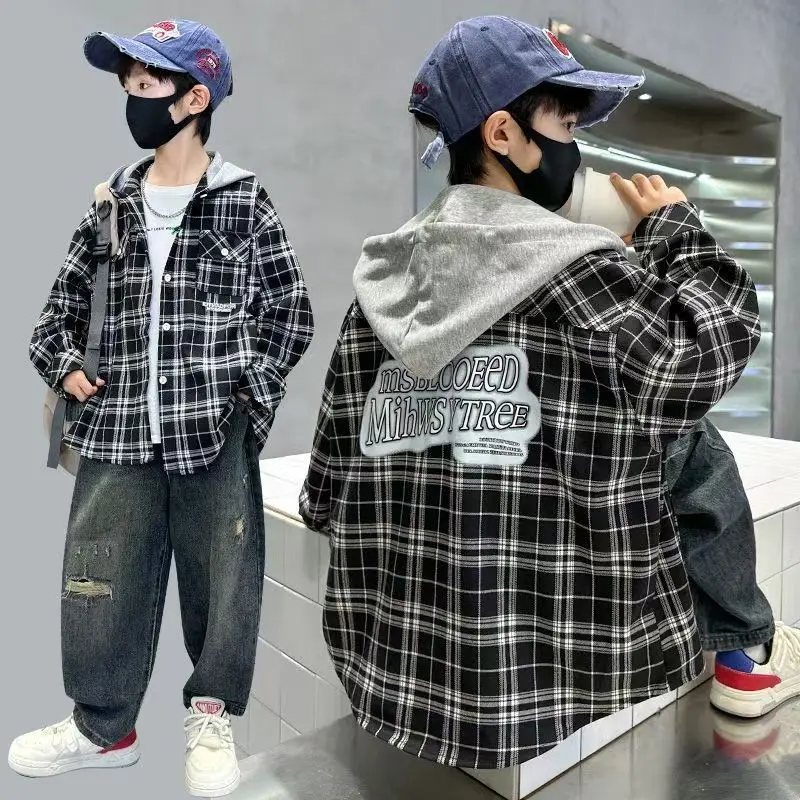 Boys' printed hooded checked shirt jacket Spring/Autumn 2026 Korean-style trendy long-sleeved top for middle school children