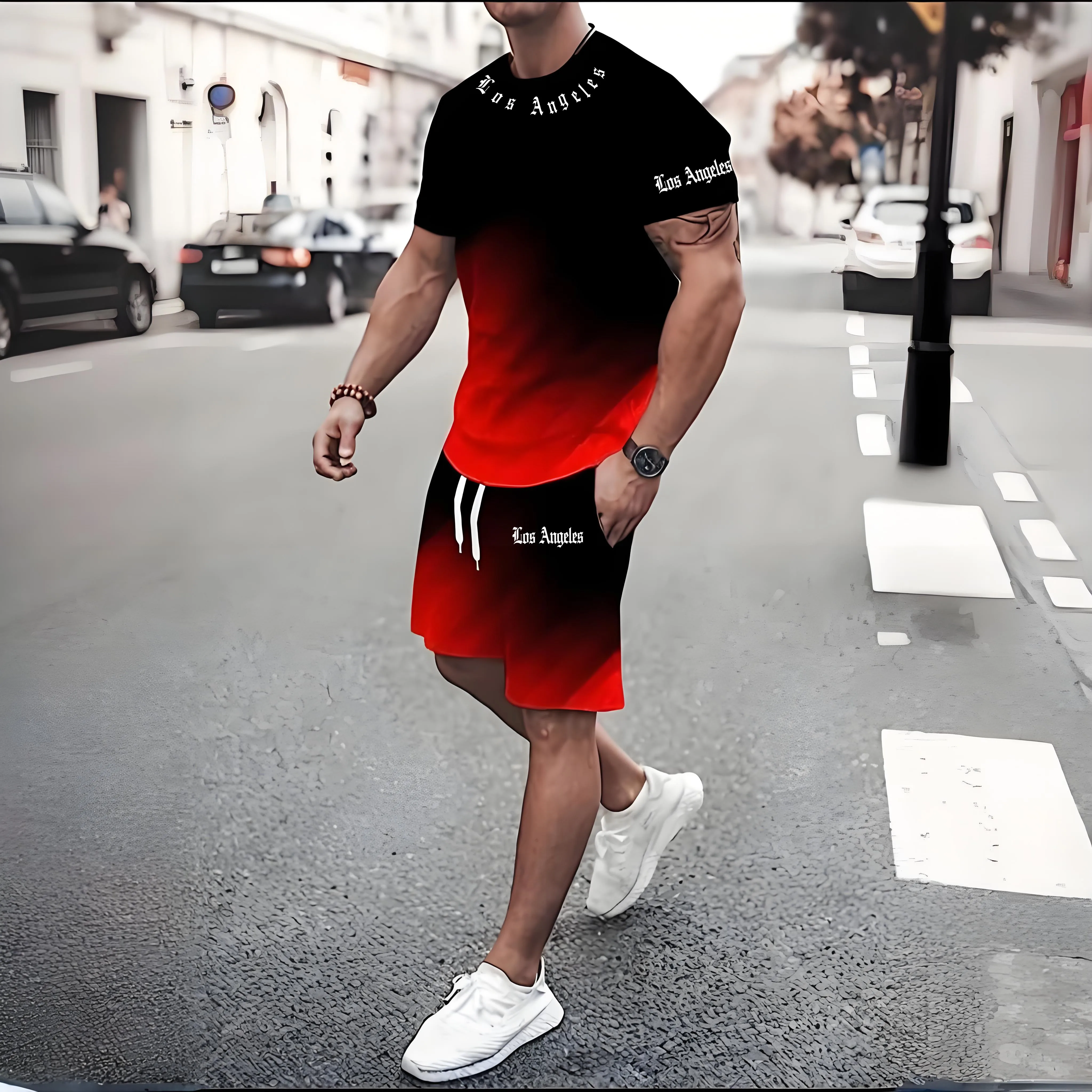 2-teiliges Herrenmode-Sommer-Resort-Kleidungsset, Herren-Set mit Farbverlauf, kurzärmliges T-Shirt und Shorts mit Taschen und Kordelzug