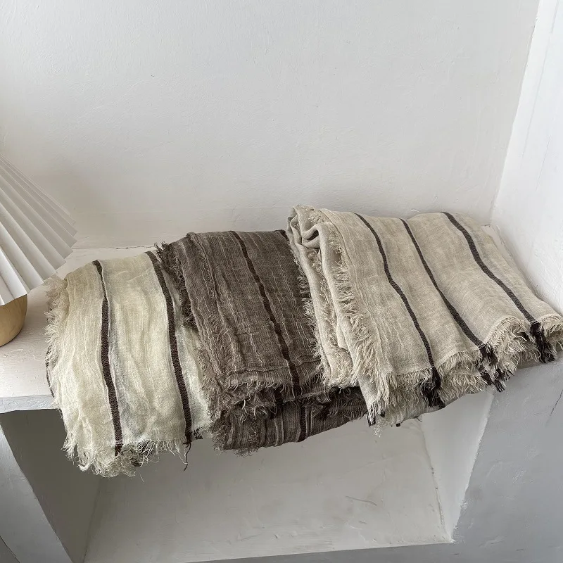 Japanese Style Striped Cotton Linen Scarf Women Breathable Simple Travel Scarves Long Soft Shawls and Wraps Short Tassel Bufanda