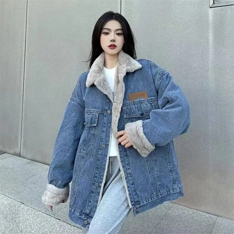 Lamb Wool Denim Jacket for men's 2024 Winter Plush and Thick Cotton Jacket Korean Version Trendy Loose Couple Warm Cotton Jacket