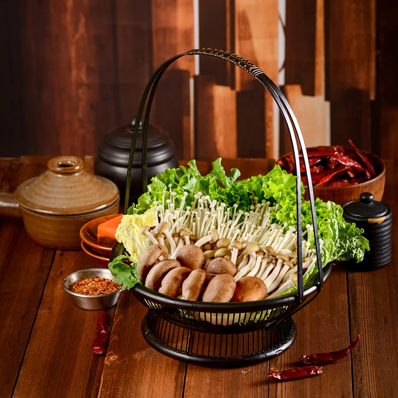 Commercial and Creative Features Chinese Hot Pot Restaurant Dishes, Vegetables, Platters, Roast Meat, Retro Bamboo