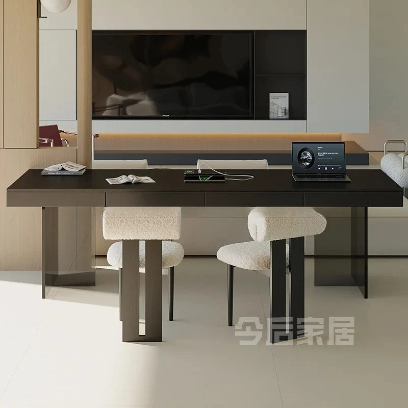 CJ-2 Solid Wood Desk Sofa Back Long Table with Drawer Black Ash Wood Acrylic Double Large Desk