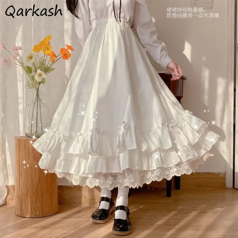 

Long Skirts Women High Waist Kawaii Ball Gown Tender Autumn Japanese Style Ruffles Design Girlish Simple Clothing Юбка Женская