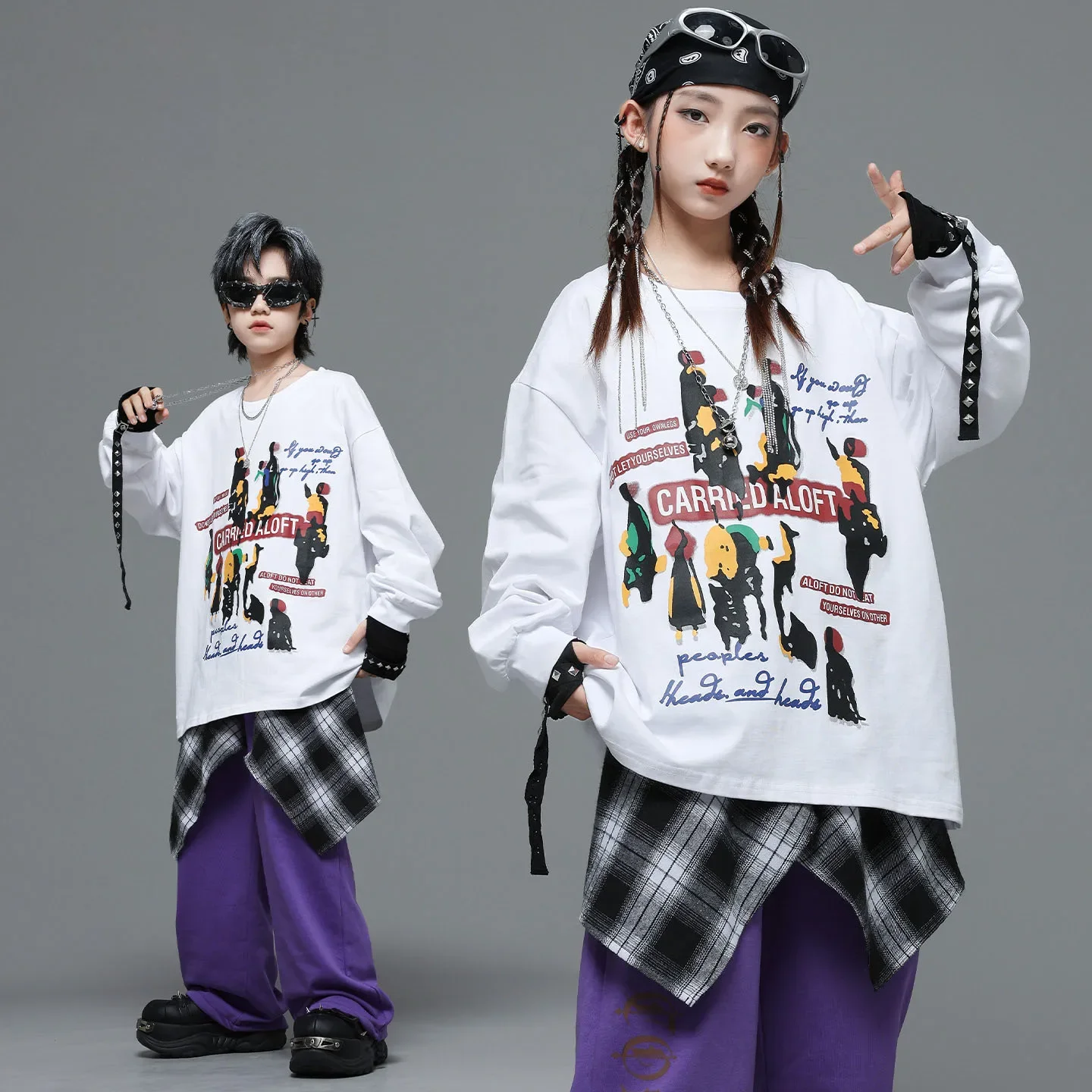 Kid Kpop Hip Hop Clothing White Print Sweatshirt Top Purple Casual Sweat Pants for Girl Boy Street Dance Wear Costumes Clothes