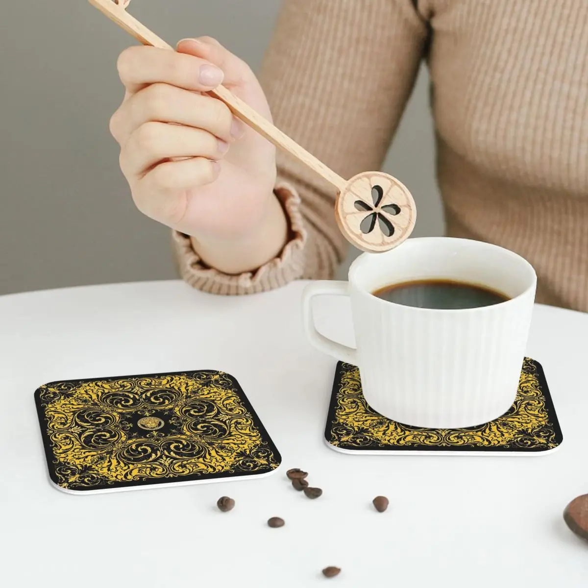 Decorative Golden Medallion Baroque Coasters Leather Placemats  Insulation Coffee Mats For Home Kitchen Dining Pads Set of 4