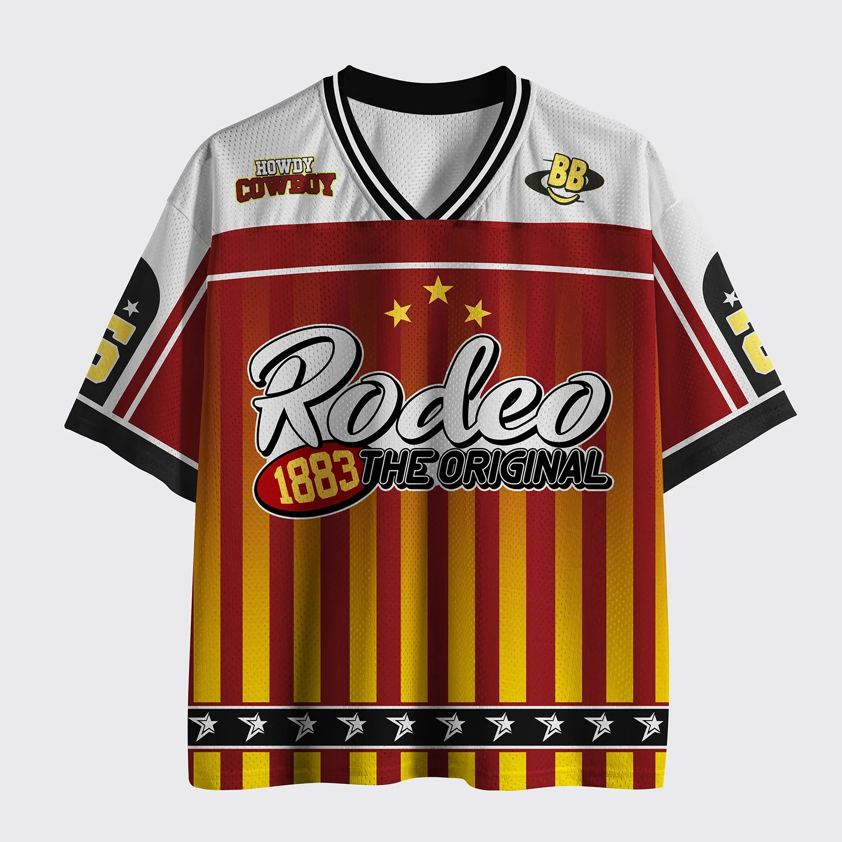 Trending Must‑have V‑Neck Mesh Sports Jersey Top Rated Western Retro Cowboy Vibe Stripe Star Print Short Sleeve Urban Tops