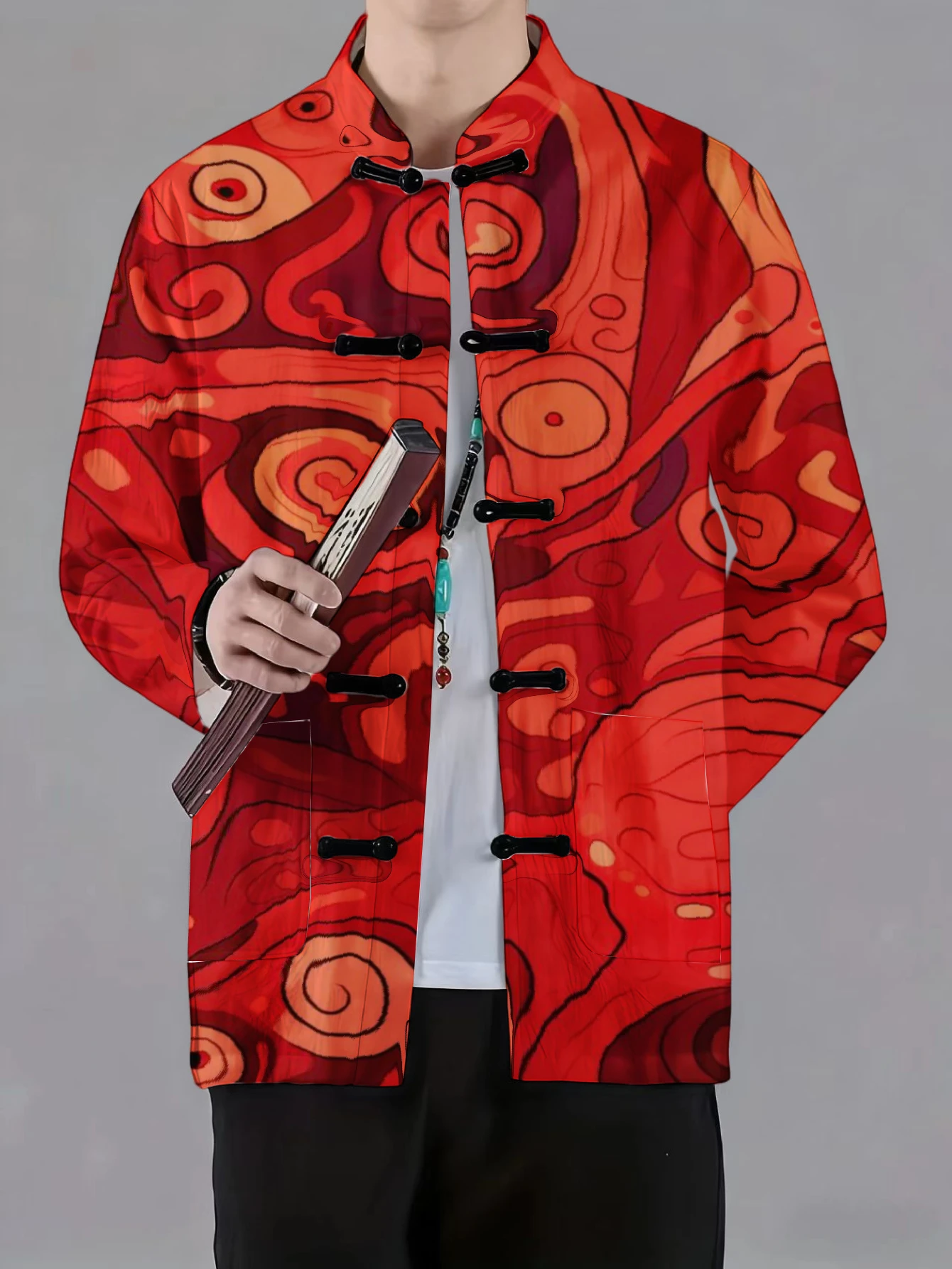 Men Mandarin Collar Frog Button Jacket Marble Swirl Flame Abstract Art Print Traditional Outerwear