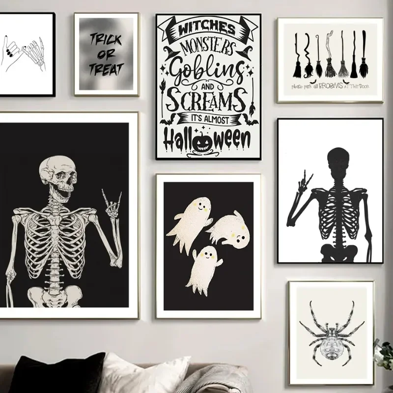Nordic Simple Wall Art Halloween Skull Witch, HD Canvas Print Poster, Home Living Room Bedroom Decorative Painting