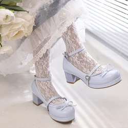 Słodkie koronki buty Mary jane kobiety Pu skóra piękne Bowtie kobieta pompy platformy średnie obcasy niebieski pasek kostki Lolita Cosplay buty