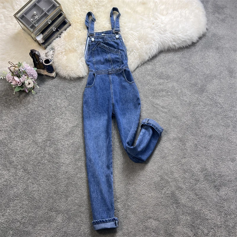 

Wide-leg Jumpsuits Women Denim Retro Chic Clothing Pockets Trendy Autumn Schoolgirl Y2k Popular Classic Youth Casual All-match