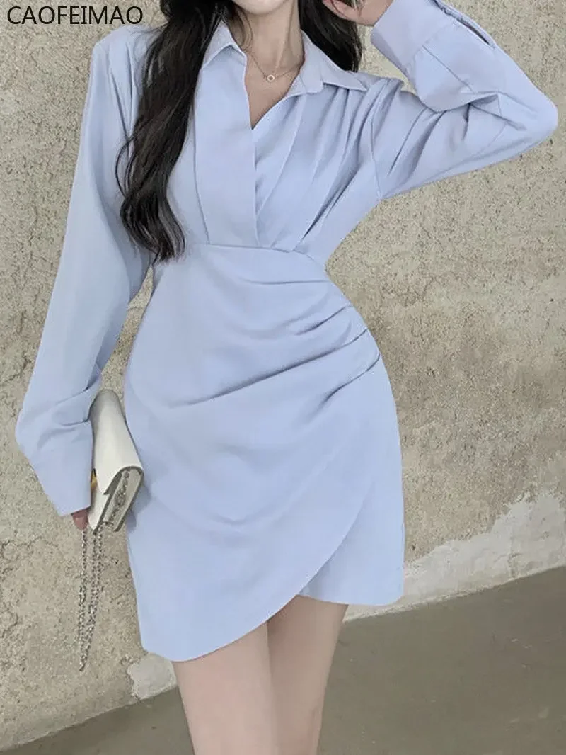 원피스 Women Spring New High-Grade Korean Style Light Blue Shirts Dress Temperament Polo Collar Slimming Long sleeve Skirts Fashion