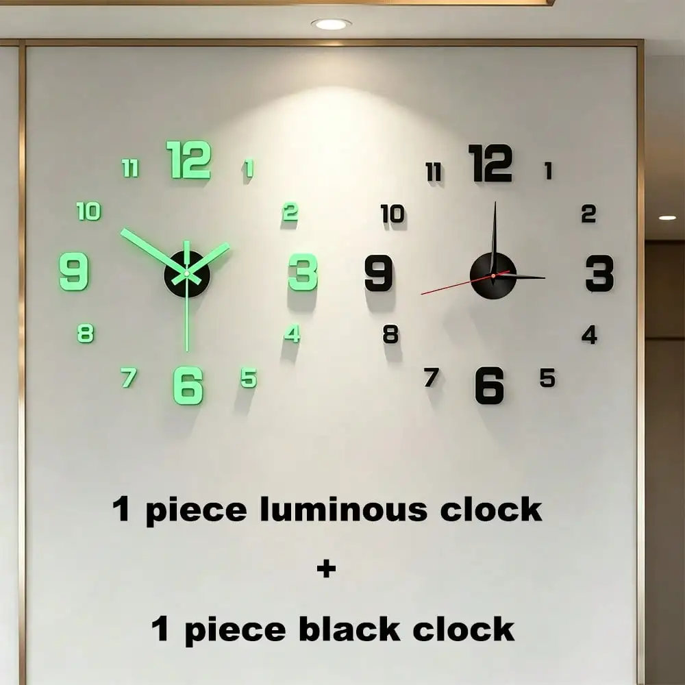 Glow-In-The-Dark DIY Wall Clock Creative Design Mirror Surface Wall Decor Sticker Clock, Minimalist Decorative Clock, Silent Wall Sticker Clock, Living Room Bedroom Wall Sticker Creative Clock (Glow-In-The-Dark Model Only Glows In Dark Environment)