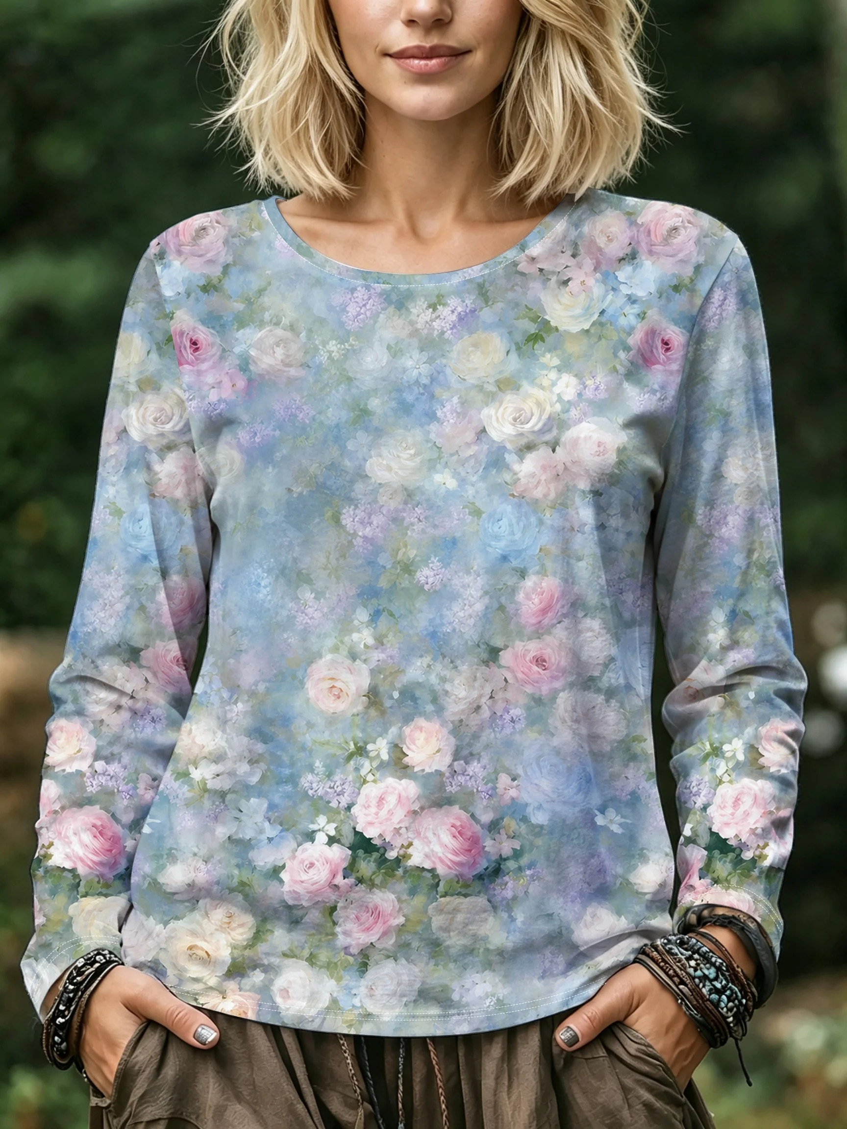 Women Blouse Watercolor Floral Print Round Neck Long Sleeve Pocket Casual Loose Tops Women's Clothes