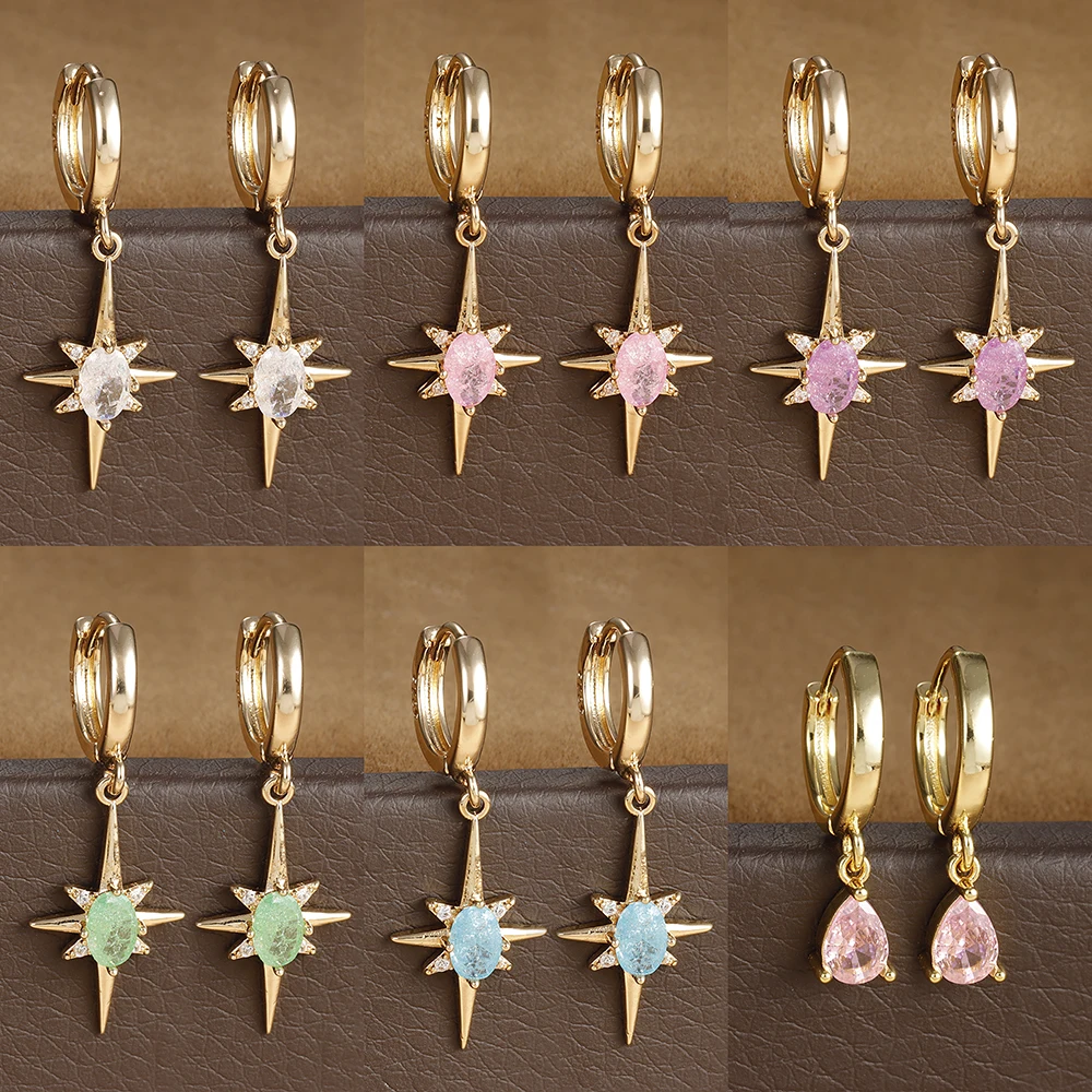 2PCS Multicolor Zircon Awn Star Drop Hoop Earrings For Women Stainless Steel Dainty Geometric Earring Christmas Wedding Jewelry