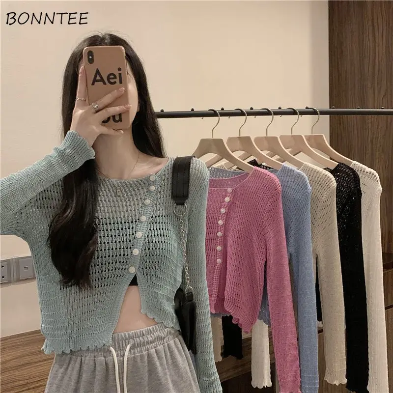 

Shirts Women Short Knitting Hollow Out Summer Korean Fashion Solid Asymmetrical Single-breasted Hot Sweet Casual Slim Sunscreen