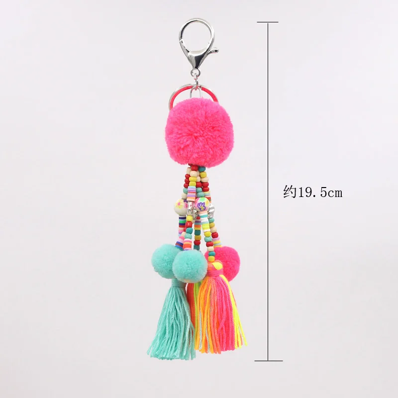 Women Jewelry Boho Keychain Colorful Beads Tassel Pompom Bag Pendant Keychain Car Key Chains Accessories Gift Female