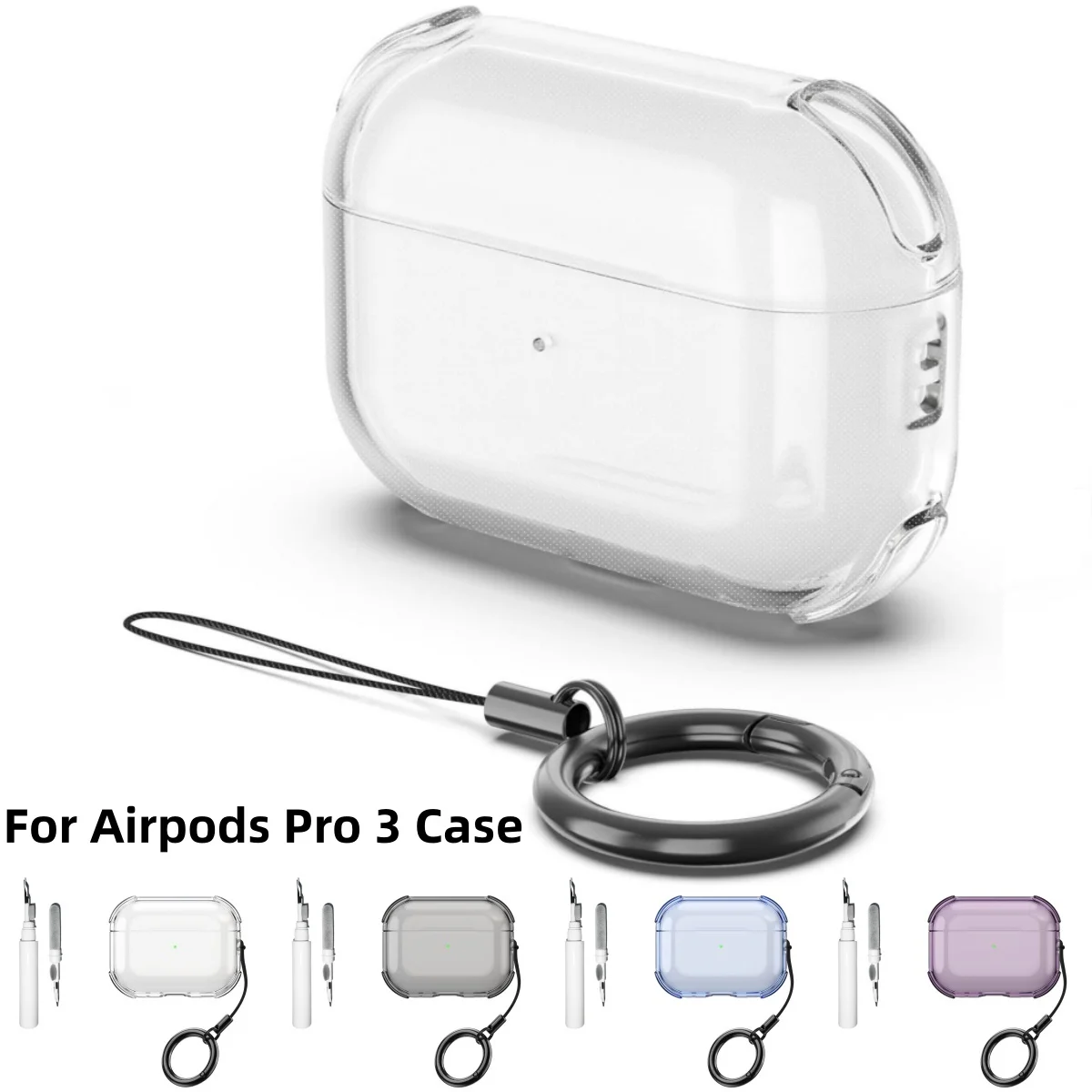 حافظة شفافة لأجهزة AirPods Pro 3 مع سلسلة مفاتيح قصيرة ومجموعة تنظيف غطاء حماية مقاوم للصدمات لأجهزة AirPods Pro 3rd Generation