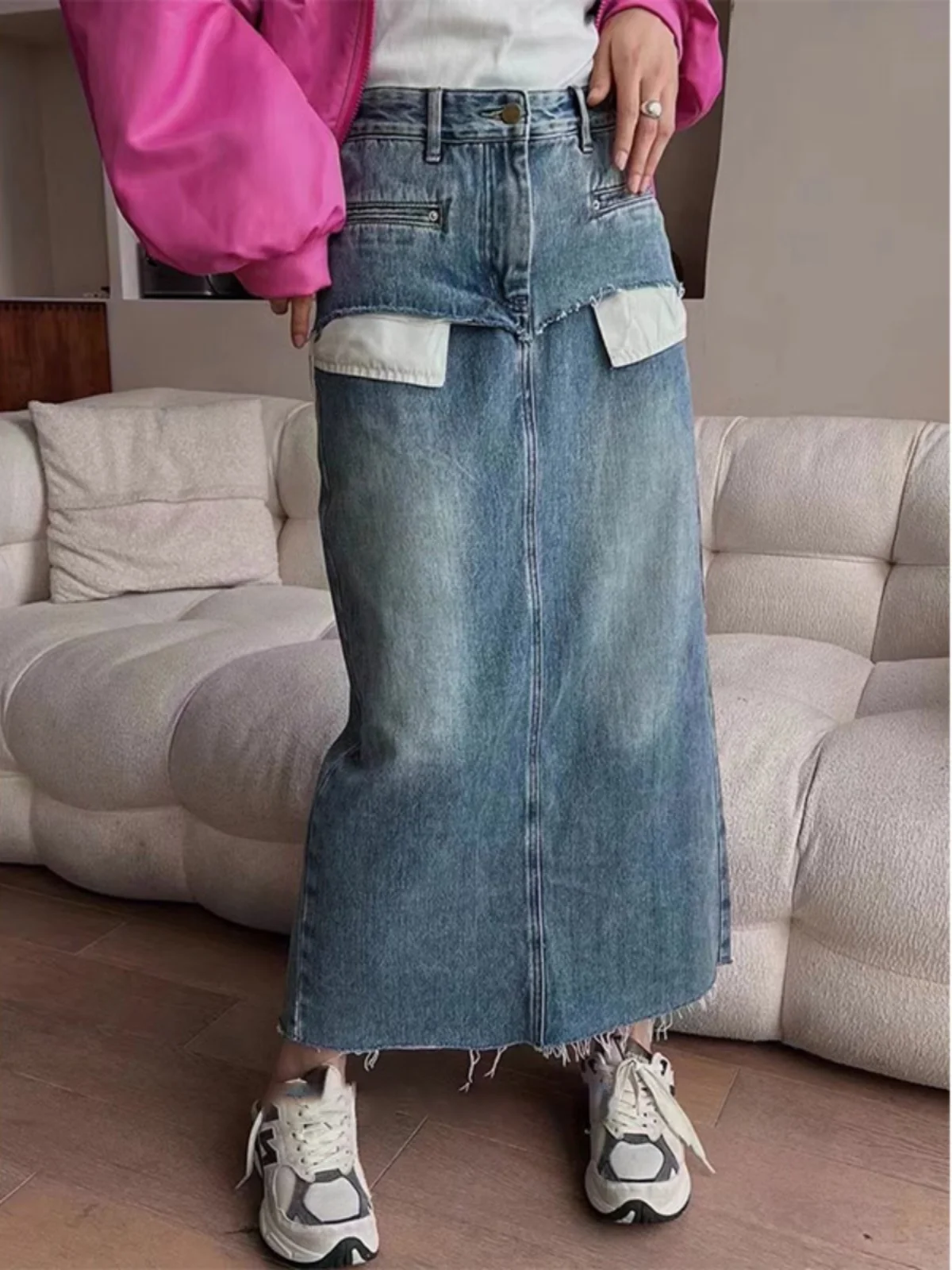 

High Waist A-Line Denim Skirt for Women Spring Autumn Winter Simple Sle Commute High Waist Faux Fur Trim Skirts