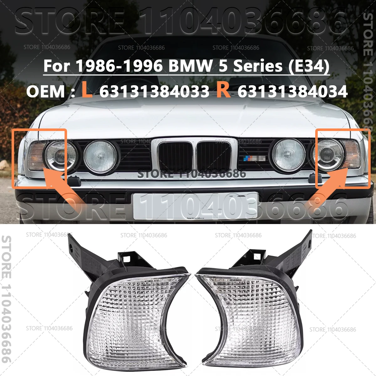 For 1986-1996 BMW 525i 530i 535i 540i M5 (E34) Front Bumper Corner Turn Signals Lights 63131384033 63131384034 view 5